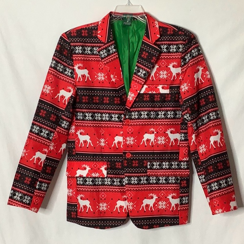 Festive Holiday Ugly Xmas Sport Jacket Blazer Reindeer Snowflake Fair Isle Small